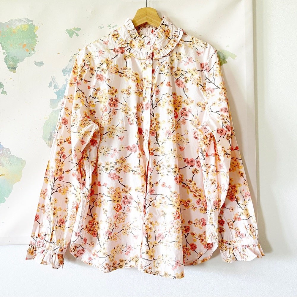 J. Crew Top Size 18 Classic Fit Ruffleneck Shirt Cherry Blossoms Pink Cotton